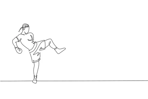 Een Continue Lijn Tekening Van Jonge Sportieve Muay Thai Bokser — Stockvector