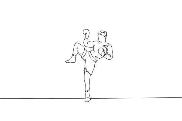 Jeden Ciągły Rysunek Linii Młodego Sportowca Muay Thai Bokser Człowiek — Wektor stockowy