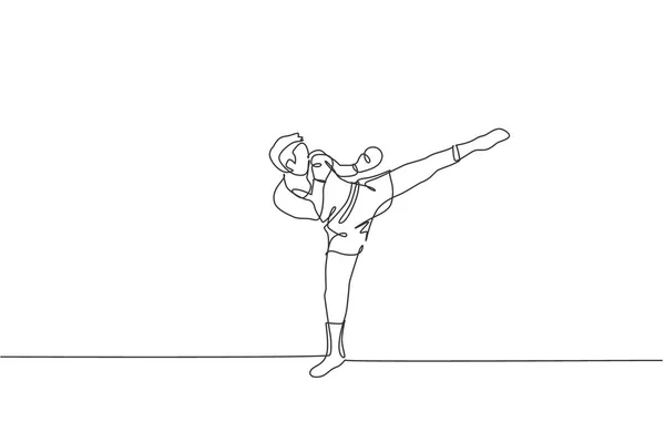 Eine Durchgehende Linie Zeichnet Einen Jungen Sportlichen Mann Der Thaiboxen — Stockvektor
