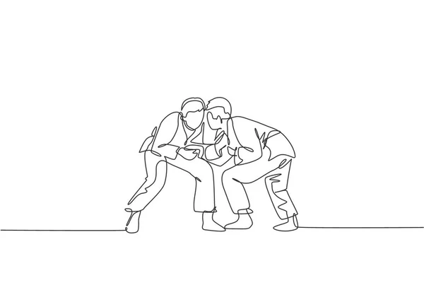 Dibujo Línea Continua Única Dos Jóvenes Luchadores Judoka Deportivos Practican — Vector de stock