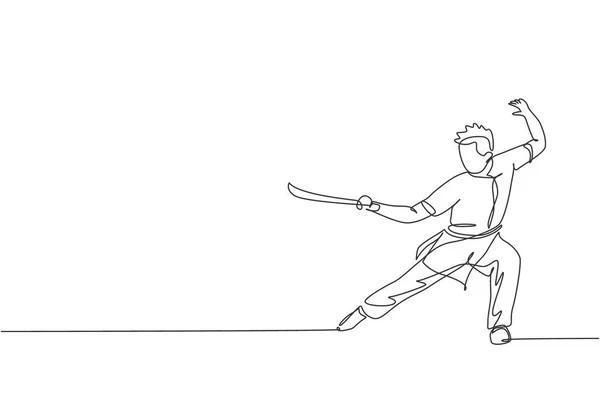 Disegno Linee Continue Del Giovane Maestro Wushu Guerriero Del Kung — Vettoriale Stock