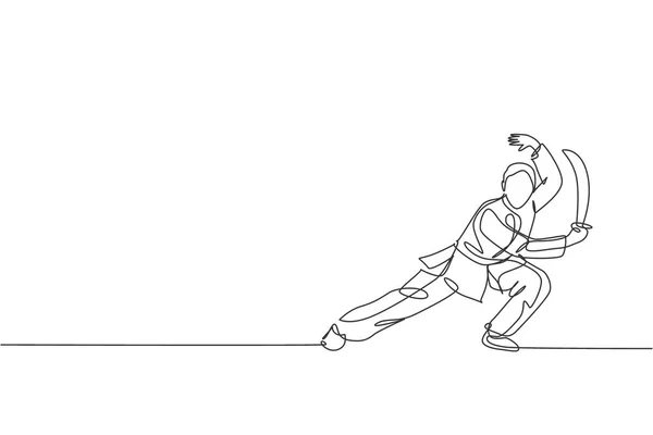 Eine Durchgehende Linienzeichnung Des Jungen Wushu Meisters Kung Krieger Kimono — Stockvektor