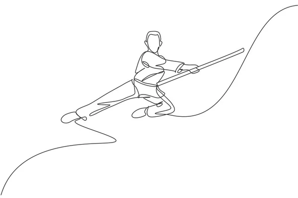 Una Línea Continua Dibujo Hombre Maestro Wushu Saltando Guerrero Kung — Vector de stock