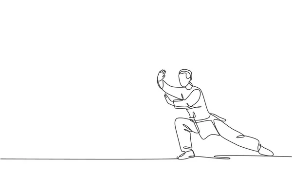 道場センターでの均一な訓練太極拳姿勢で若い男武術戦闘機 カンフーマスターのシングル連続線画 格闘コンテストのコンセプト トレンド1ラインの図面ベクトルのイラスト — ストックベクタ