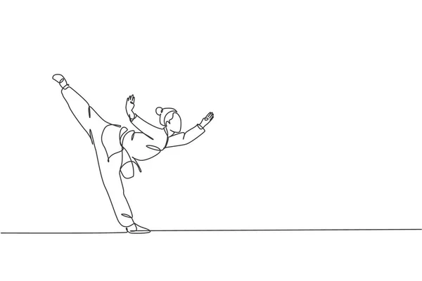 Jedna Čára Kreslení Mladé Ženy Kimono Cvičení Wushu Kung Postoj — Stockový vektor