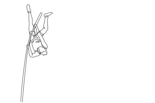 Один Сплошной Рисунок Линии Молодого Спортсмена Тренировочного Прыжка Шестом Вертикально — стоковый вектор