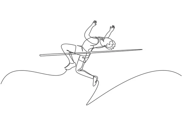 Jedna Souvislá Kresba Mladého Sportovního Muže Praktikujícího Skákací Hry Vysoké — Stockový vektor