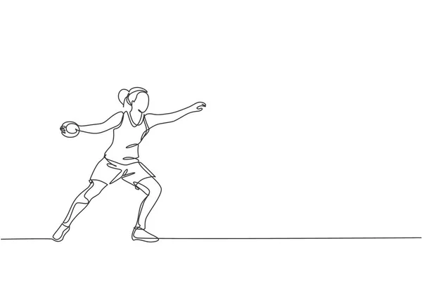 Una Línea Continua Dibujo Ejercicio Mujer Joven Deportiva Para Lanzar — Vector de stock