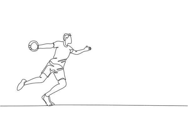 Jedna Souvislá Kresba Mladé Sportovní Ženy Cvičení Házet Diskem Pozemní — Stockový vektor