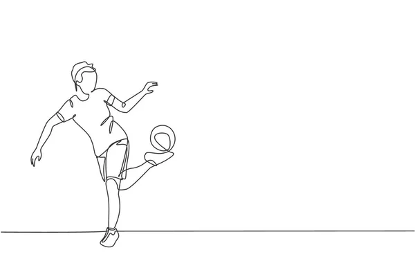 Una Línea Continua Dibujo Joven Practicante Fútbol Freestyler Para Sostener — Archivo Imágenes Vectoriales