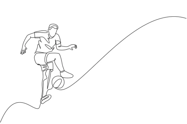 One single line drawing of young happy man perform soccer freestyle, jump juggling at the city square graphic vector illustration. Football freestyler sport concept. Modern continuous line draw design