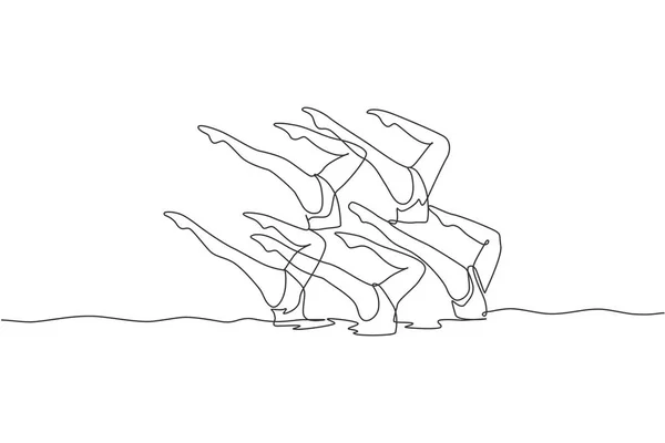 Jedna Souvislá Čára Kreslení Mladých Sportovních Žen Synchronizované Plavec Provádět — Stockový vektor