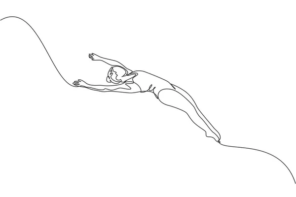 Una Sola Línea Dibujo Joven Mujer Enérgica Saltando Cayendo Voltereta — Vector de stock