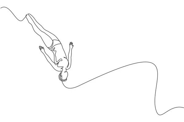 潜水訓練のためにプールにジャンプし 体を落下若いスポーツ女性のシングル連続線画 ウォータースポーツイベントのコンセプト トレンド1ラインの図面ベクトルのイラスト — ストックベクタ