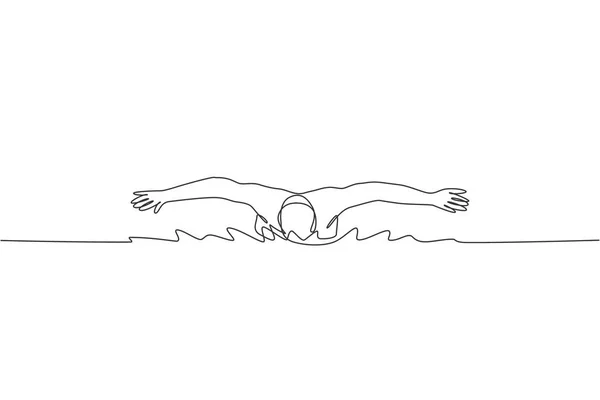 Una Línea Continua Dibujo Joven Nadador Profesional Muscular Nadando Centro — Vector de stock