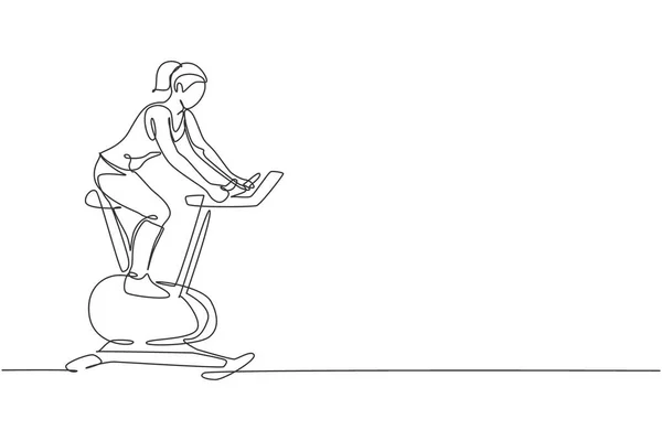 Dibujo Línea Continua Única Entrenamiento Mujer Deportiva Joven Con Bicicleta — Vector de stock