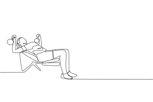 Один Безперервний Малюнок Спортивної Жінки Займається Підйомом Чайників Лавці Прес — стоковий вектор