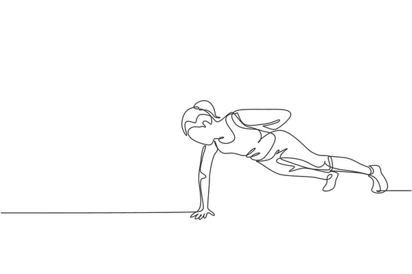 Одна Сплошная Линия Рисующая Молодую Спортсменку Тренирующуюся Одной Рукой Фитнес — стоковый вектор