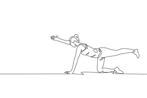 在健身俱乐部中心 一个连续画着年轻女运动员普拉提的线条被推高了 健康健身运动的概念 动态单行绘图图形设计矢量插图 — 图库矢量图片