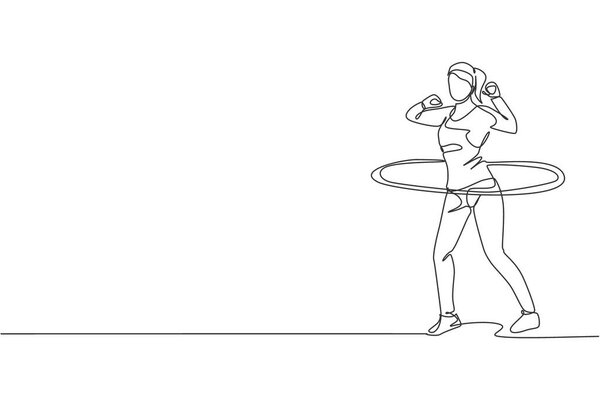 Single continuous line drawing of young sportive woman happy training with hula hoop in sport gymnasium club center. Fitness stretching concept. Trendy one line draw design graphic vector illustration