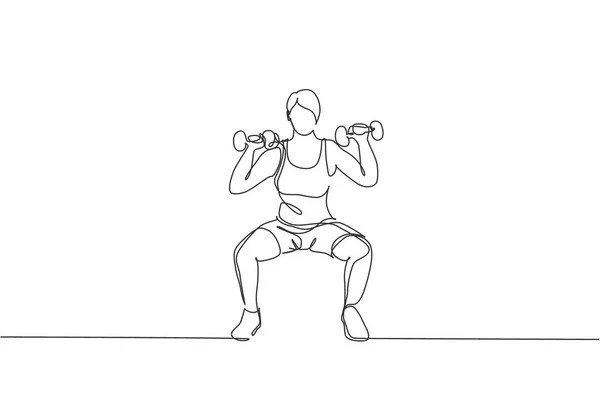 在体操俱乐部中心训练举重杠铃的年轻女运动员单行连续画线 健身伸展的概念 趋势一线图设计图矢量图形说明 — 图库矢量图片
