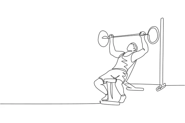 体育体操俱乐部中心长椅压力机上训练举重杠铃的青年运动员单行连续画线 健身伸展的概念 趋势单行绘图设计矢量插图 — 图库矢量图片