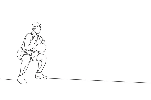 Jednoduchá Kontinuální Kresba Mladého Sportovního Muže Tréninku Kettlebell Sportovním Tělocvičně — Stockový vektor