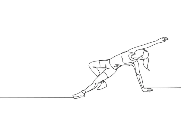 Dessin Ligne Continue Unique Jeune Femme Sportive Planche Entraînement Pose — Image vectorielle