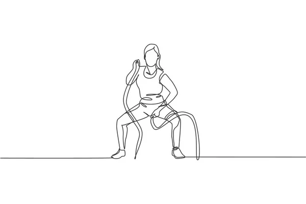 单项连续线条画年轻女运动员训练用钢丝绳在体操俱乐部中心 健身伸展的概念 趋势单行绘图设计矢量插图 — 图库矢量图片
