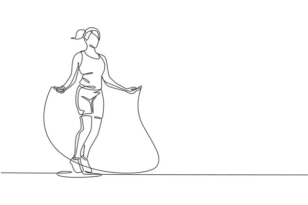 スポーツ体育館クラブセンターでロープをスキップしてジャンプする若いスポーツ女性の列車を描く一本の連続線 フィットネスストレッチコンセプト トレンディーな1行の図面ベクトルイラストグラフィック — ストックベクタ