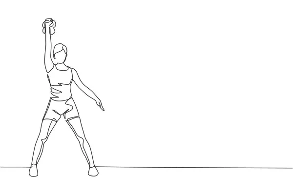 Una Sola Línea Dibujo Mujer Joven Enérgica Ejercicio Levantamiento Pesas — Vector de stock