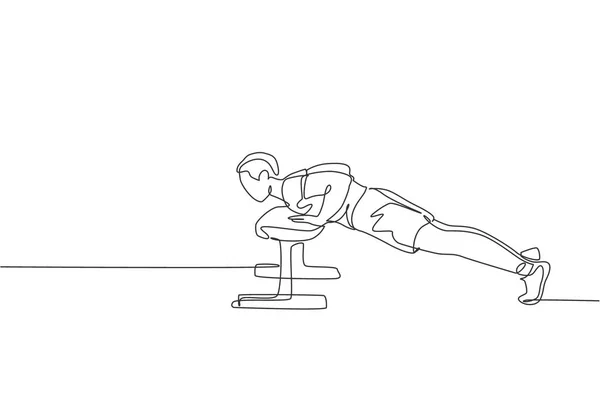 One Single Line Drawing Young Energetic Man Exercise Push Bench — Stock Vector