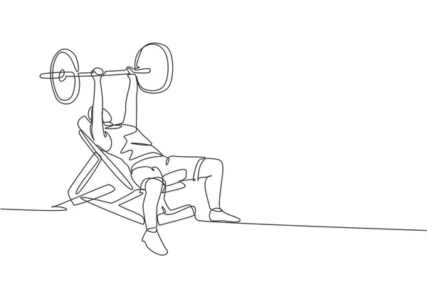 Jednoduchá Kontinuální Kresba Mladého Sportovního Muže Trénink Činka Činka Lavičce — Stockový vektor