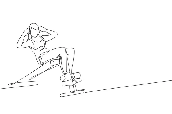 Une Seule Ligne Dessin Jeune Femme Énergique Exercice Assis Utilisant — Image vectorielle