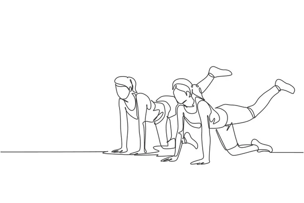 Une Ligne Continue Dessiner Deux Jeunes Femmes Sportives Travailler Pose — Image vectorielle
