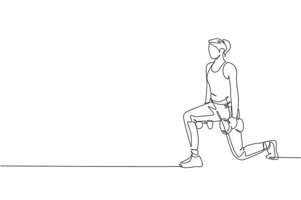 Una Sola Línea Continua Dibujo Entrenamiento Mujer Deportiva Joven Con — Vector de stock