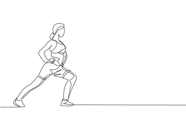 Eine Durchgehende Linienzeichnung Einer Jungen Sportlichen Frau Die Fitnessstudio Dehnen — Stockvektor