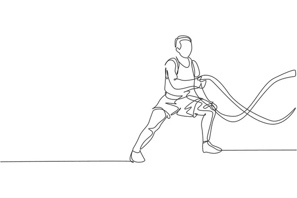 Uma Única Linha Desenho Jovem Homem Enérgico Exercício Corda Batalha — Vetor de Stock