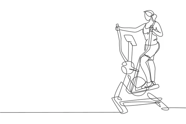 ジムのベクトルイラストで楕円形の十字で働く若い精力的な女性の一本の線画 フィットネススポーツボディービル健康的なライフスタイルの概念 現代の連続線画のデザイン — ストックベクタ
