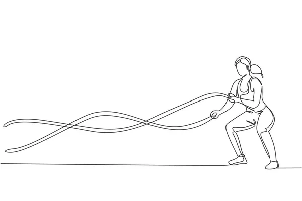 フィットネストレーニングジムで若い女性のトレーニング戦闘ロープを描く1つの連続ライン 健康的なスポーツライフスタイルのコンセプト ストレッチと動作します ダイナミックシングルラインドローデザインベクトルイラスト — ストックベクタ