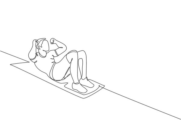 Единая сплошная линия рисования молодого счастливого человека, занимающегося спортом, сидящего на полу в спортклубе спорткомплекса. Концепция спортивного фитнеса. Модная векторная иллюстрация