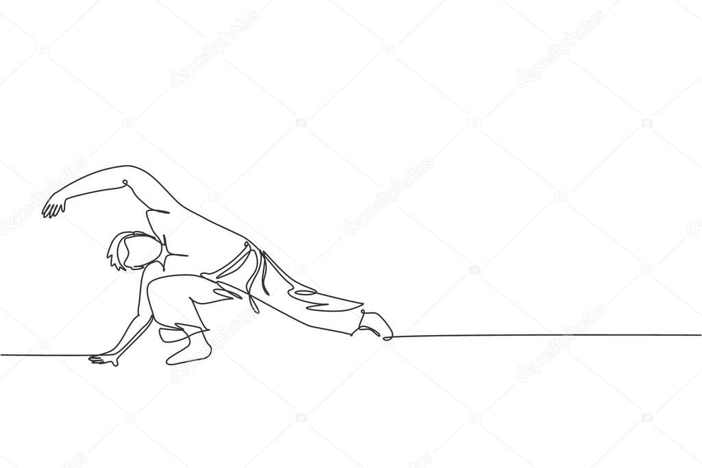 One single line drawing of young energetic man capoeira dancer perform dancing fight vector illustration graphic. Traditional martial art lifestyle sport concept. Modern continuous line draw design