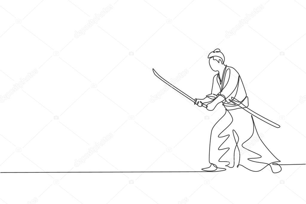 One continuous line drawing of young bravery samurai warrior pose ready to attack at training session. Martial art combative sport concept. Dynamic single line draw design vector graphic illustration