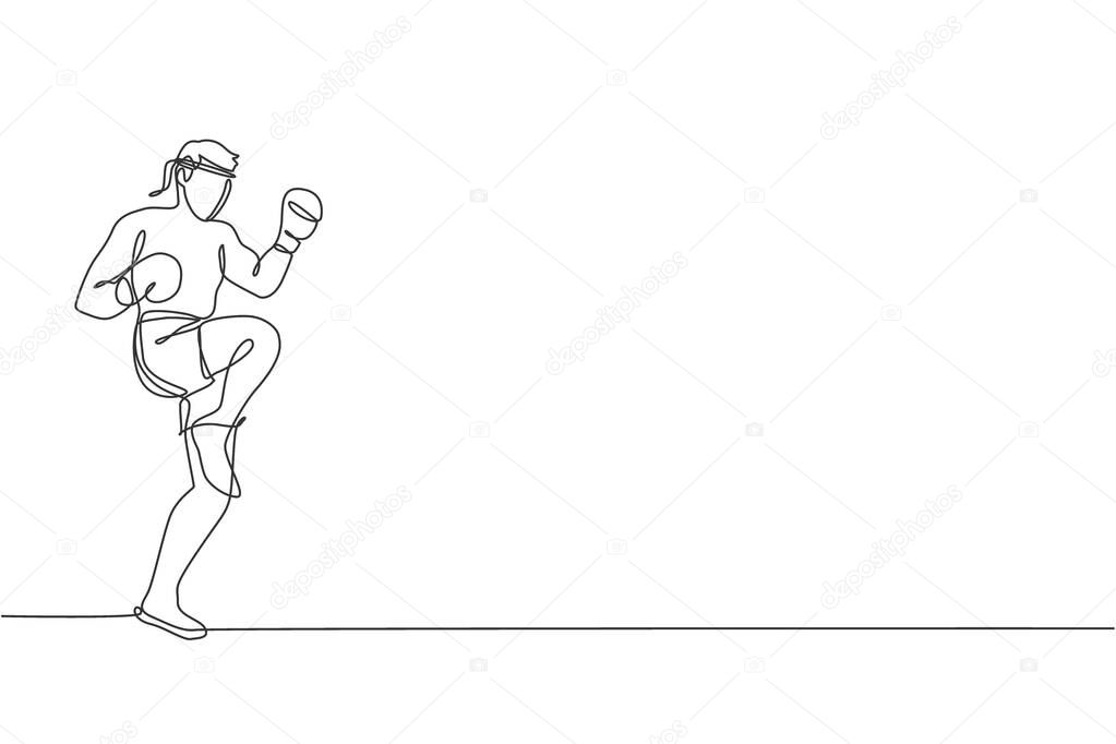One single line drawing of young energetic muay thai fighter man exercising kick at gym fitness center vector illustration. Combative thai boxing sport concept. Modern continuous line draw design