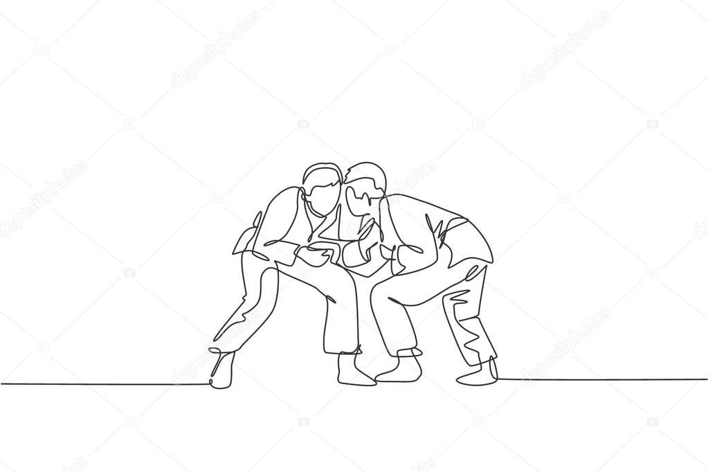 Single continuous line drawing of two young sportive judoka fighter men practice judo skill at dojo gym center. Fighting jujitsu, aikido sport concept. Trendy one line draw design vector illustration