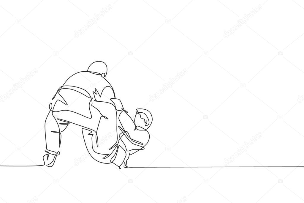 One single line drawing of two young energetic judokas fighter men battle fighting at gym center graphic vector illustration. Martial art sport competition concept. Modern continuous line draw design
