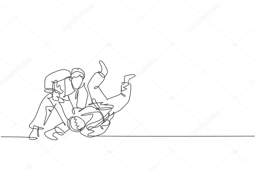 One single line drawing of two young energetic judokas fighter men battle fighting at gym center graphic vector illustration. Martial art sport competition concept. Modern continuous line draw design