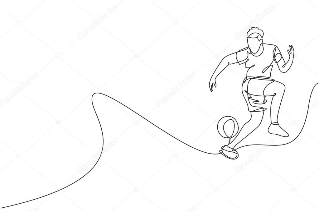 One single line drawing of young man perform soccer freestyle, jump juggling ball with heel at city square vector illustration. Football freestyler sport concept. Modern continuous line draw design