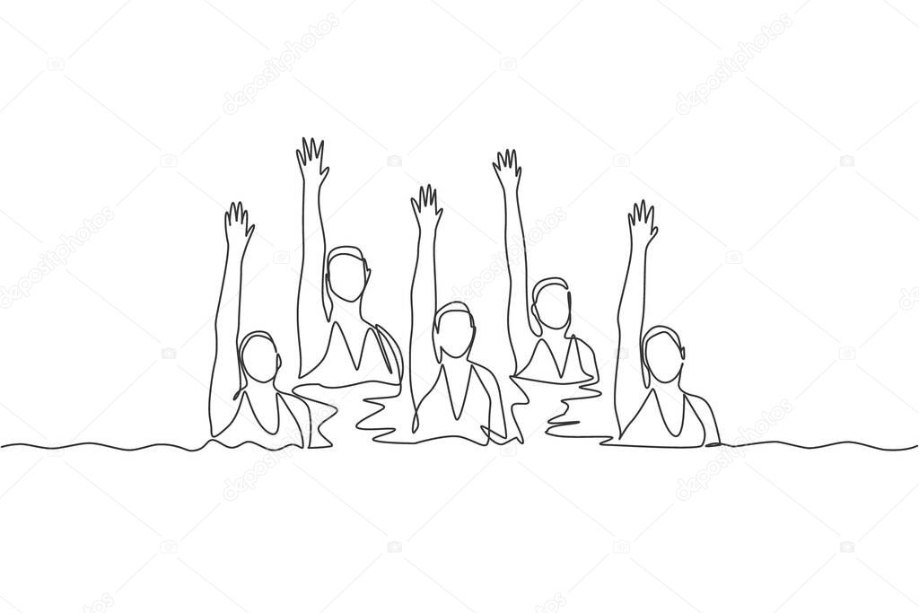 Single continuous line drawing young sportive women perform beautiful synchronized swimming choreography. Group water sport competition concept. Trendy one line draw design vector graphic illustration