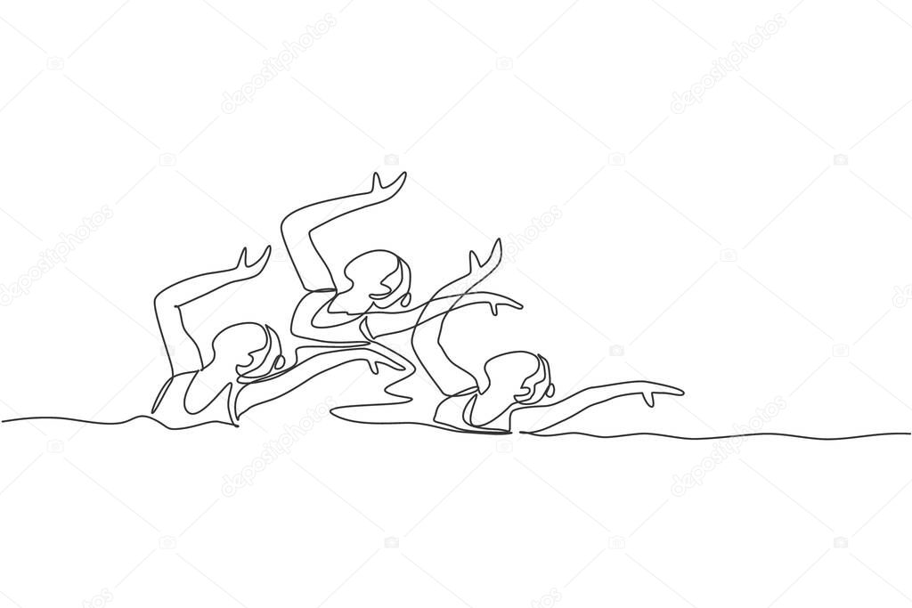 One single line drawing of young beauty women swimmer performing synchronized routine of elaborate moves in the water vector illustration. Team water sport event concept. Modern continuous line draw